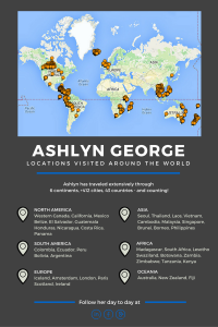 Ashlyn George has traveled the world across six continents, 43 countries and more than 400 cities.
